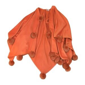 Unique Vintage Jean Claude Paris Wool Cape Shawl Orange Wool Pom Poms